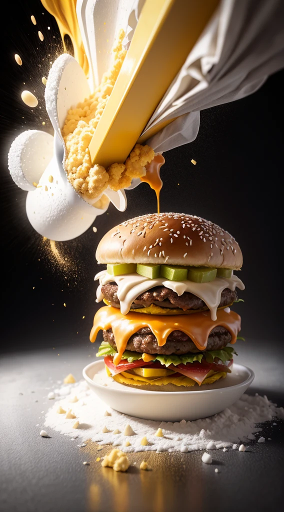 Commercial photography, powerful yellow powder explosion, hamburger, white background, bright environment, white lighting, studio lighting, OC rendering, super detail, solid color isolation platform, professional photography, color gradinging