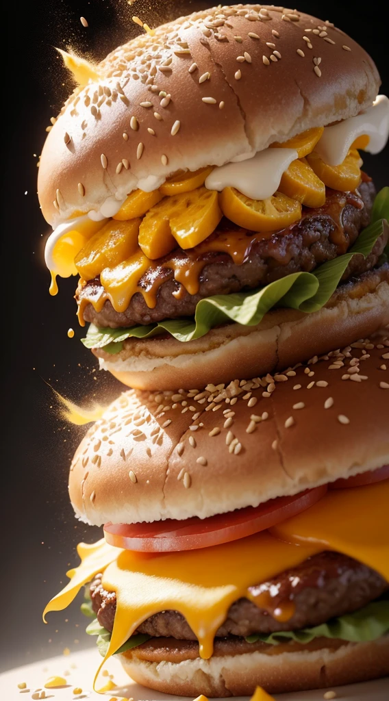 Commercial photography, powerful yellow powder explosion, hamburger, white background, bright environment, white lighting, studio lighting, OC rendering, super detail, solid color isolation platform, professional photography, color gradinging