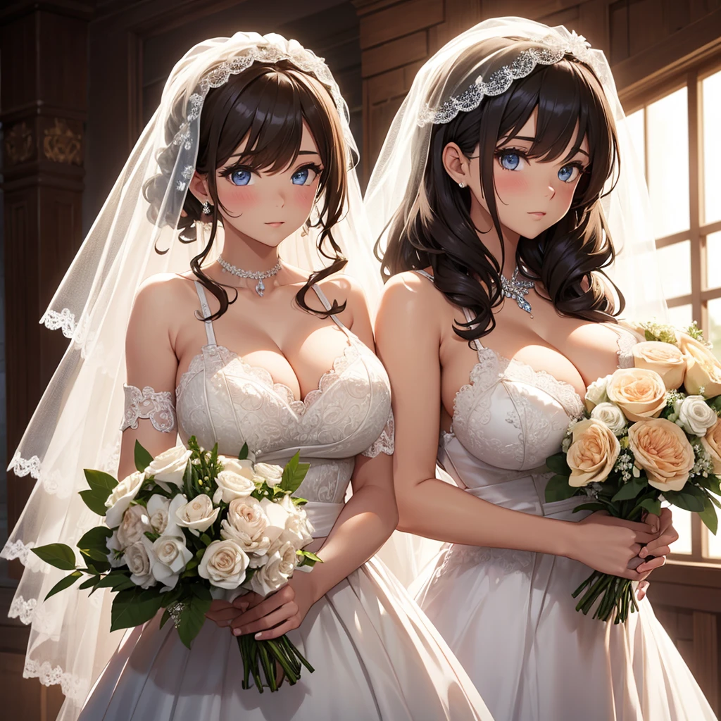 Girl with huge sagging breasts with a sweetheart neckline and a lace neckline ,bridal veil and bouquet