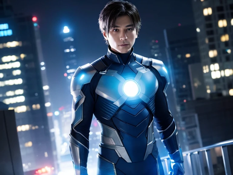 Future city superhero、Blue and silver tech suit、Glowing Eyes、Without cloak
