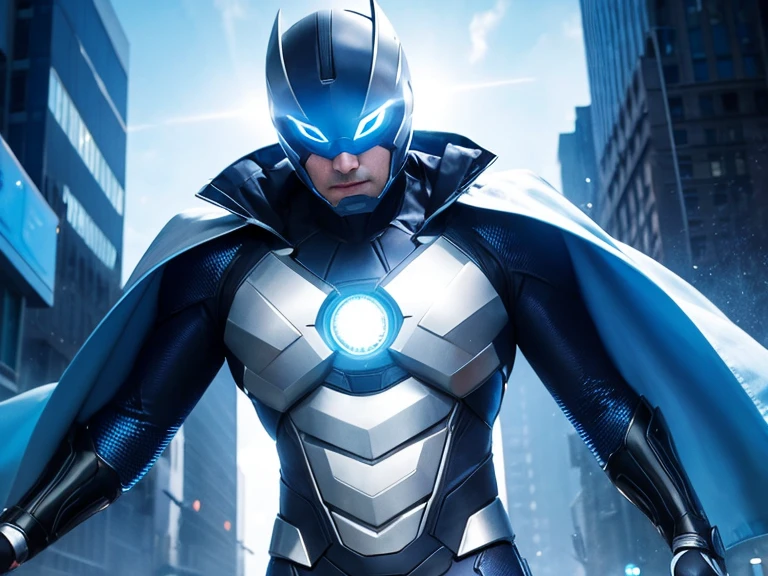 Future city superhero、Blue and silver tech suit、Glowing Eyes、Without cloak