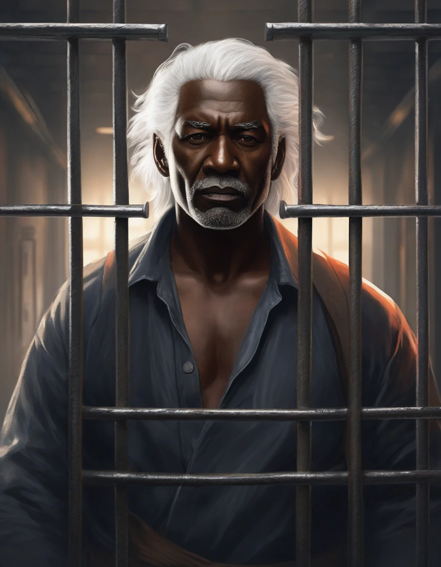 very old man , com roupas velhas e brancas very dark skin with white hair being arrested in a cell, detailed face, elderly man, prisoner, jail cell, realistic, detailed, cinematic lighting, moody, dramatic, realistic textures, 4k, high resolution, photorealistic, master piece