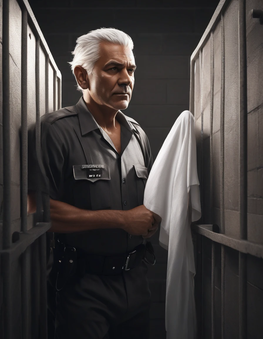 very old man , com roupas velhas e brancas very dark skin with white hair being arrested in a cell, detailed face, elderly man, prisoner, jail cell, realistic, detailed, cinematic lighting, moody, dramatic, realistic textures, 4k, high resolution, photorealistic, master piece