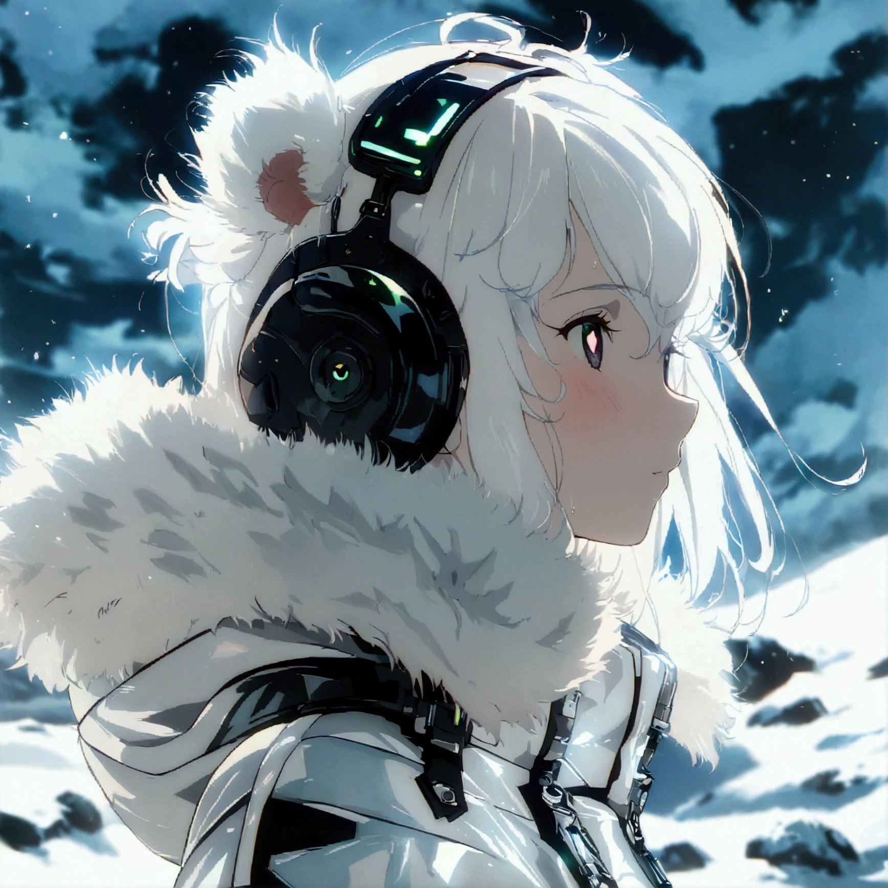 Masterpiece, High quality, High quality of art, best quality, best details, anime lineart, anime artstyle, 2d anime girl, solo, 1girl, white hair, white skin, black eyes, white fur Coat, white hearts in eyes, Black futuristic latex and titanium clothing with a coat, in future base in Antarctica