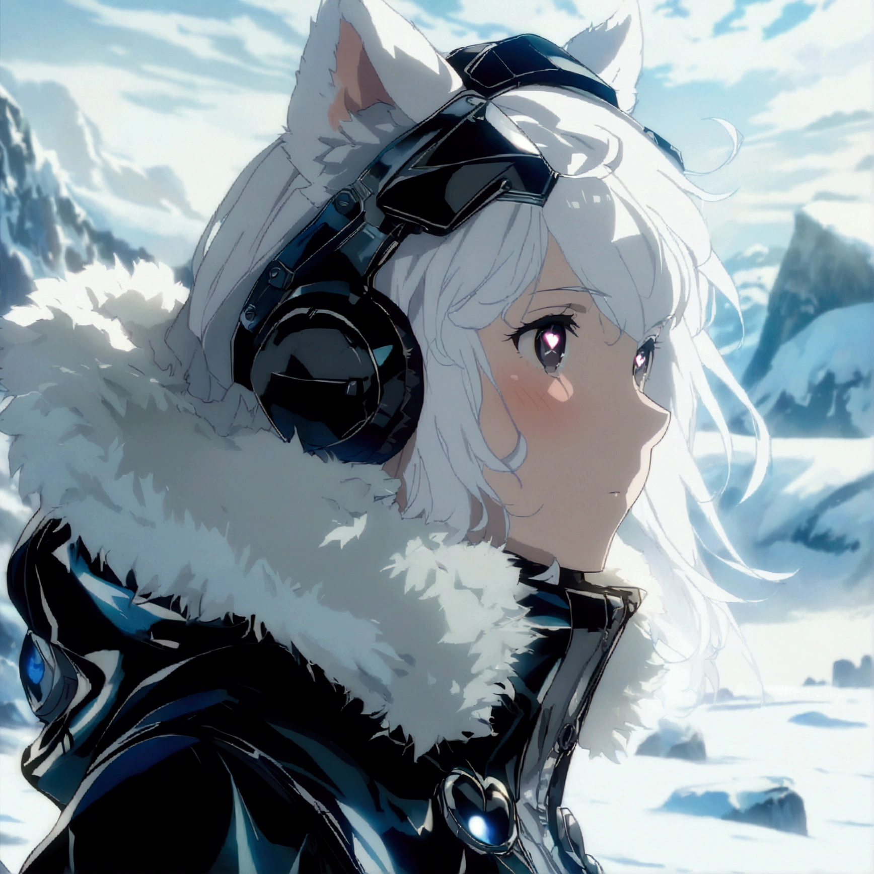 Masterpiece, High quality, High quality of art, best quality, best details, anime lineart, anime artstyle, 2d anime girl, solo, 1girl, white hair, white skin, black eyes, white fur Coat, white hearts in eyes, Black futuristic latex and titanium clothing with a coat, in future base in Antarctica