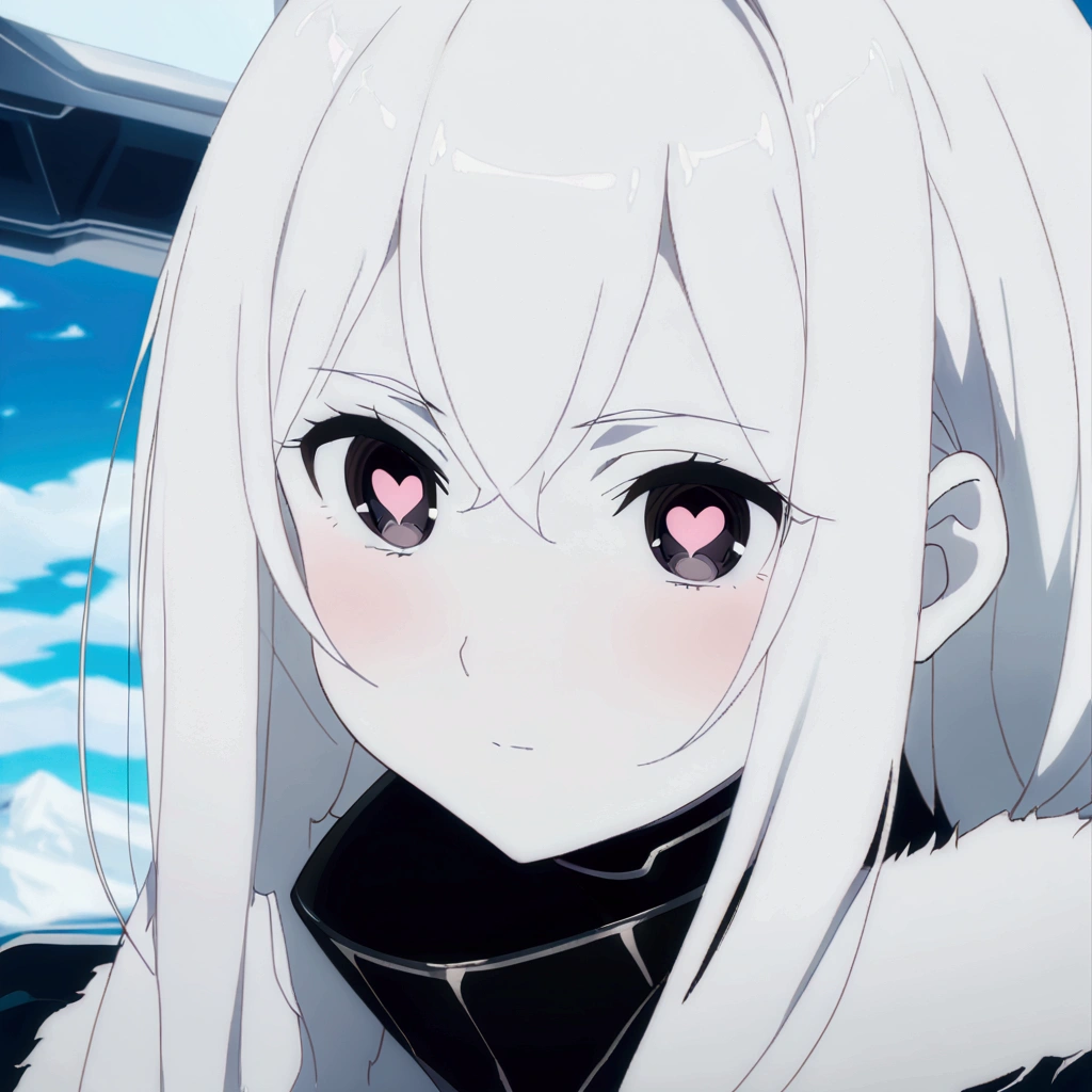 Masterpiece, High quality, High quality of art, best quality, best details, anime lineart, anime artstyle, 2d anime girl, solo, 1girl, white hair, white skin, black eyes, white fur Coat, white hearts in eyes, Black futuristic latex and titanium clothing with a coat, in future base in Antarctica