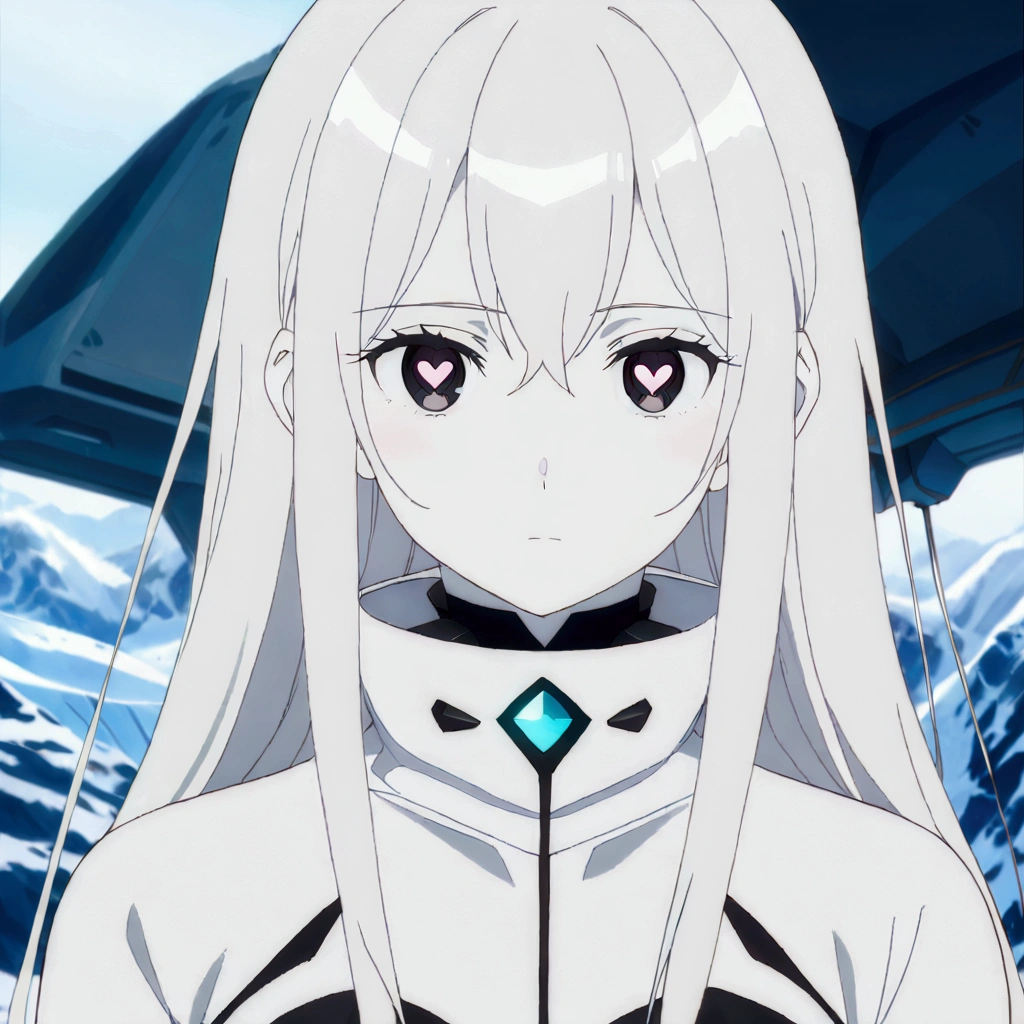 Masterpiece, High quality, High quality of art, best quality, best details, anime lineart, anime artstyle, 2d anime girl, solo, 1girl, white hair, white skin, black eyes, white fur Coat, white hearts in eyes, Black futuristic latex and titanium clothing with a coat, in future base in Antarctica