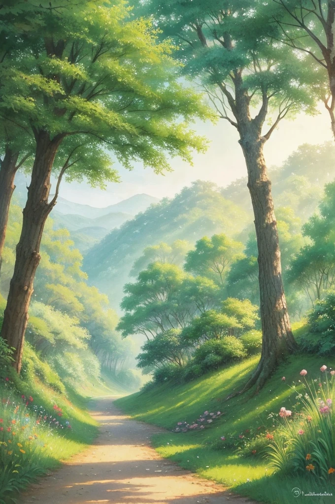 A soft and cute LOFI art cover featuring a lush green forest with a watercolor touch. In the distance, small animals like rabbits and squirrels are napping in the shade of trees. The overall color scheme is pastel and the atmosphere is dreamy and gentle.