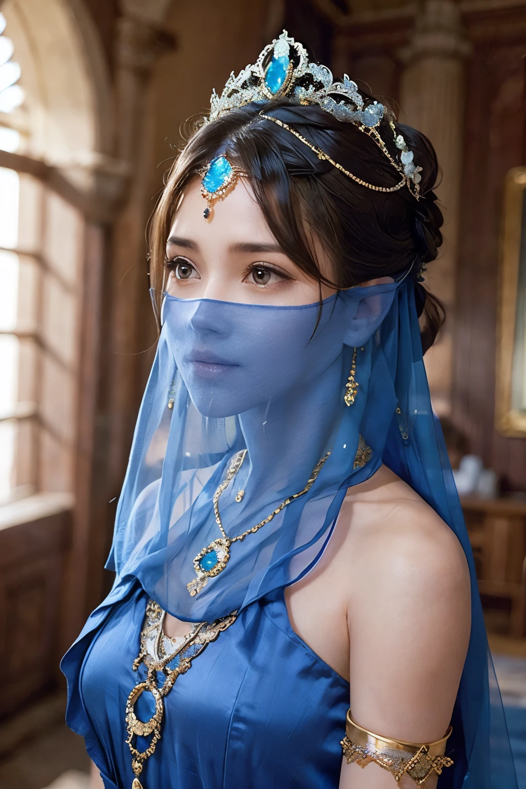 1 Beautiful Woman，Desert Princess，Aladdin，Dark skin（（（The eyes are very delicate）））（（（Hair accessories）））（（（veil：24））））（（（veil））），necklace，Wearing a blue conservative silk dress， ((Royal Palace))（（（masterpiece）））， （（best quality））， （（Intricate details））， （（Surreal））（8K）