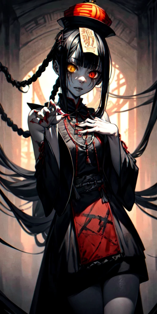 lora:flat:-1.2, masterpiece, best quality, 4k, 8k, 1 woman, solo, tall stature, long hair, blunt bangs, side braid, black hair, ugly face, bad face, bad eyes, droopy eyes, unclear eyes, ruby red eyes, lemon yellow eyes, pale skin, black eyeliner, black eye shadow, heterochromia, slender frame, sad, ofuda, jiangshi costume:1.2, fang, horror, coffin, forest, dark night, stormy weather, fog, from front, cowboy shot, look at viewer, paw pose,