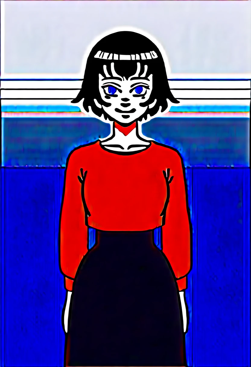 Draw a character in animated art style, with a vibrant and expressive appearance. The character must have exaggerated characteristics, like big, expressive eyes, a subtle and fun smile, and a straight posture. The background should be simple and not distract from the main figure. The character must be from the Kimetsu no Yaiba universe/Demon Slayer, short black hair with blue gradient, blue colored eyes. Wearing a full black skirt, front angle, animated cartoon, beautiful drawing.