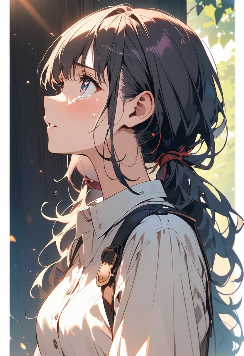 Anime style:1 girl looking up and crying，Profile，90 degree tilt of neck