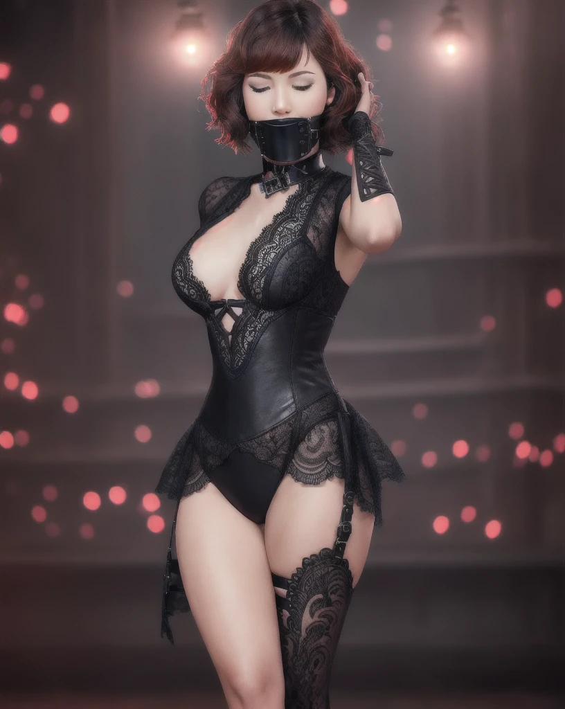 a stunning young woman wearing a panelgag, eyes closed, photoreal, short brown bob, short hair, ((intricate details)), full body shot,  beautiful, delicate black lace dress, thigh boots, red lips, dynamic pose, windblown hair, perfect face, intricate, complex,  swirly bokeh, trending on artstation, sharp focus, studio photo, intricate details, highly detailed, sharp, perfect lighting, Masterpiece, detailed background, cinematic lighting, 8k, 