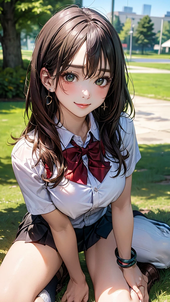 (masterpiece:1.2, top-quality), (realistic, photorealistic:1.4), beautiful illustration, (natural side lighting, movie lighting),
looking at viewer, cowboy shot, front view:0.6, 1 girl, japanese, high school girl, perfect face, cute and symmetrical face, shiny skin,
(long hair:1.8, straight hair:1.7, light brown hair), parted bangs, emerald green eyes, long eye lasher, (large breasts:0.9, thick thighs),
beautiful hair, beautiful face, beautiful detailed eyes, beautiful clavicle, beautiful body, beautiful chest, beautiful thigh, beautiful legs, beautiful fingers,
((, white collared shirts, black pleated mini skirt, black socks, brown loafers, red bow tie)), break, hoop ring earrings, pink panties, dark blue violet cardigan, break,
(beautiful scenery),
A girl is on all fours in a grassy field. She is carrying a large dog on her back and mating in the rear position.
Her face is bright red and flushed, her brow is furrowed, and she is smiling.
Her skirt is very short.