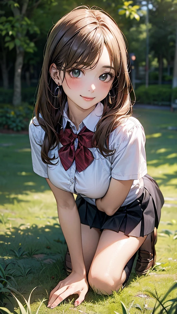 (masterpiece:1.2, top-quality), (realistic, photorealistic:1.4), beautiful illustration, (natural side lighting, movie lighting), 
looking at viewer, cowboy shot, front view:0.6, 1 girl, japanese, high school girl, perfect face, cute and symmetrical face, shiny skin, 
(long hair:1.8, straight hair:1.7, light brown hair), parted bangs, emerald green eyes, long eye lasher, (large breasts:0.9, thick thighs), 
beautiful hair, beautiful face, beautiful detailed eyes, beautiful clavicle, beautiful body, beautiful chest, beautiful thigh, beautiful legs, beautiful fingers, 
((, white collared shirts, black pleated mini skirt, black socks, brown loafers, red bow tie)), break, hoop ring earrings, pink panties, dark blue violet cardigan, break,
(beautiful scenery),
A girl is on all fours in a grassy field. She is carrying a large dog on her back and mating in the rear position.
Her face is bright red and flushed, her brow is furrowed, and she is smiling.

Her skirt is very short.
