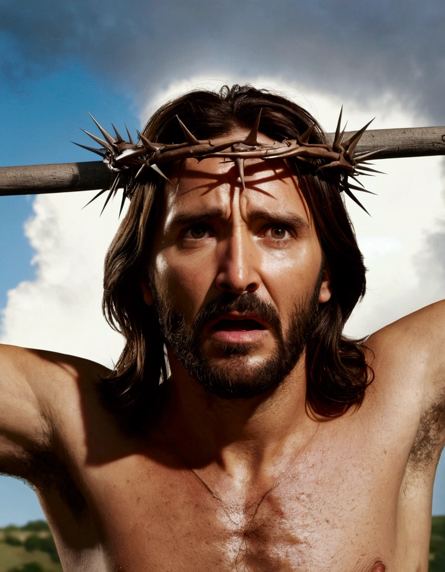 A photorealistic photo capturing Jesus on the cross, with a panoramic view looking straight ahead . ((crown of thorns on the head)). The focus of the image is on the face of Jesus as He looks straight ahead, Gasping for air in the midst of His crucifixion. The scene takes place outdoors, with a clear sky in the background. Lighting should be dramatic, emphasizing the emotional intensity of the moment, with rays of sunshine breaking through the clouds to create a sense of divine presence.