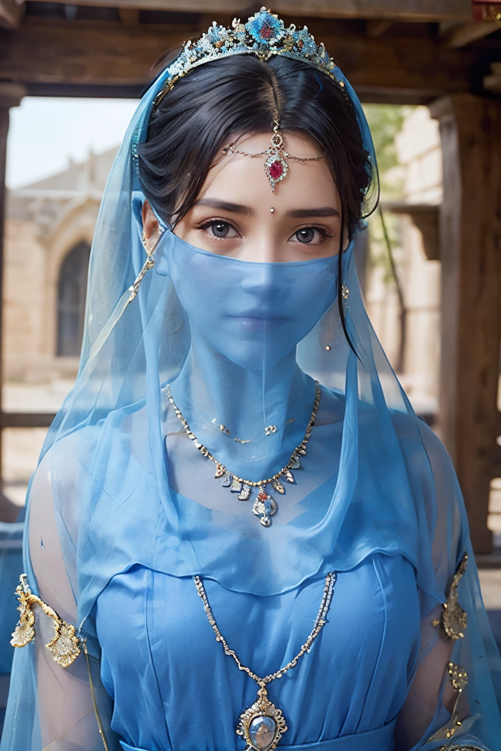 1 Beautiful Woman，Desert Princess，Aladdin，Dark skin（（（The eyes are very delicate）））（（（Hair accessories）））（（（veil：24））））（（（veil））），necklace，Wearing a blue conservative silk dress， ((Royal Palace))（（（masterpiece）））， （（best quality））， （（Intricate details））， （（Surreal））（8K）