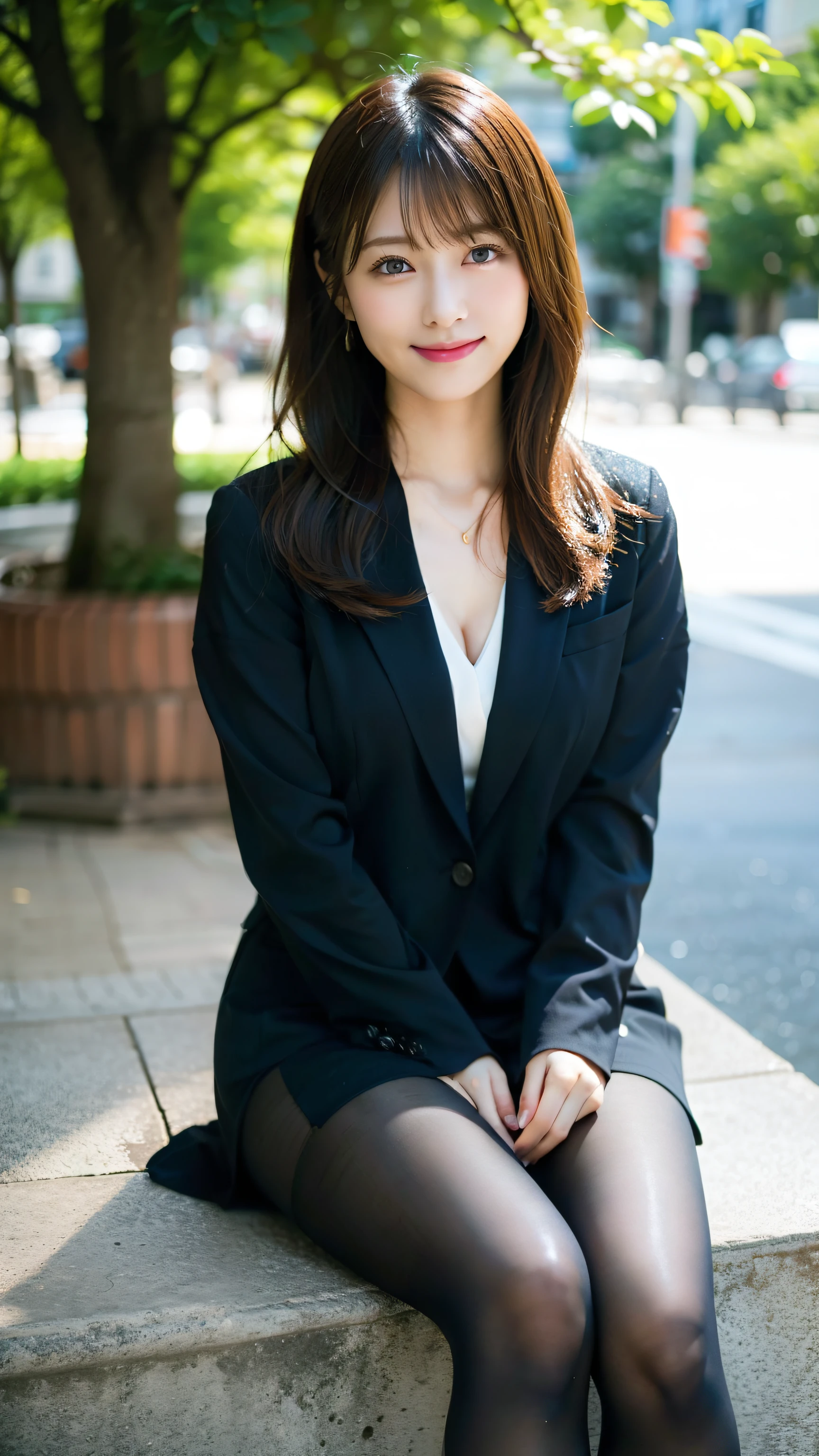 Beautiful black eyes、dual、natural skin textures:1.8, realistic eyes and face details:1.8、middlebreasts、in 8K,Best Quality:1.4, 超A high resolution:1.5, (Photorealistic:1.4),masterpiece:1.2,(top-quality:1.4)、 Raw photo、 (the background is blurred), 1 Japanese girl, Cute, (Full body:1.4)、realistic shadow、beauty legs:1.2、tight skirts、(solo:1.4), (Shy smile), Smooth skin、 (Brown medium hair,bangs),nogizaka,Beautiful body, Navy Business Suit, Secretary, on the park、During the break、super model、Black pantyhose、gravure,sit on a bench