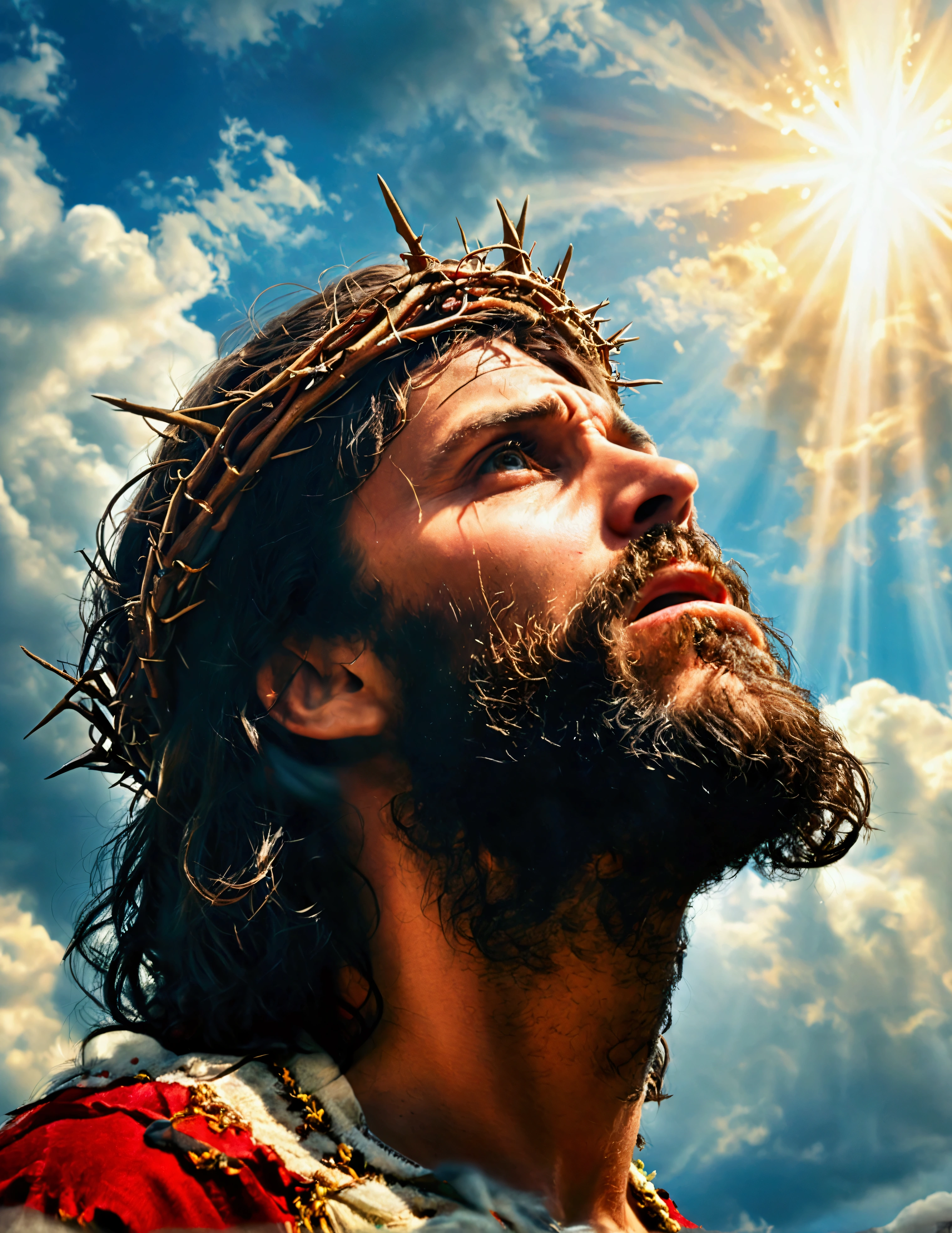 A photorealistic photo capturing Jesus on the cross, with a panoramic view looking directly at Him. ((crown of thorns on the head)). The focus of the image is on the face of Jesus as He looks up to the sky, Gasping for air in the midst of His crucifixion. The scene takes place outdoors, with a clear sky in the background. Lighting should be dramatic, emphasizing the emotional intensity of the moment, with rays of sunshine breaking through the clouds to create a sense of divine presence.
