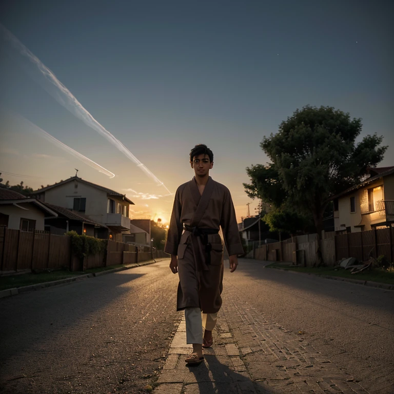 Taqi is a handsome and kind young man. He wears a robe with black hair(anime, cartoon, light effect, cute, squirky, lighting is smooth, in 3D animation). Taqi walks home on the outskirts of the village at sunset, with the sky beginning to turn orange. His expression reflects peace and contentment with the life he leads.