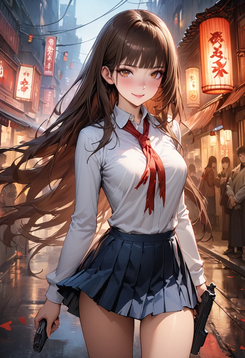 (A detailed depiction of a woman holding a handgun)、World of Blade Runner、((masterpiece,Highest quality:1.3,best quality illustration,realistic:1.3)),cowboy shot,独奏,1woman,(18-year-old、Japanese Beauty)、brown hair,long hair,bangs,brown eyes,gorgeous eyes,(very small head:1.3),smile,(very long body:1.2,skinny),medium breasts,(Red ribbon tie、White long sleeve collared shirt、Navy blue pleated mini skirt),gleaming skin,toned body,slender body,standing,on street,neon、