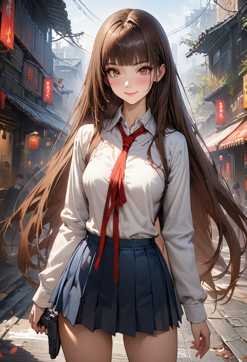 (A detailed depiction of a woman holding a handgun)、World of Blade Runner、((masterpiece,Highest quality:1.3,best quality illustration,realistic:1.3)),cowboy shot,独奏,1woman,(18-year-old、Japanese Beauty)、brown hair,long hair,bangs,brown eyes,gorgeous eyes,(very small head:1.3),smile,(very long body:1.2,skinny),medium breasts,(Red ribbon tie、White long sleeve collared shirt、Navy blue pleated mini skirt),gleaming skin,toned body,slender body,standing,on street,neon、