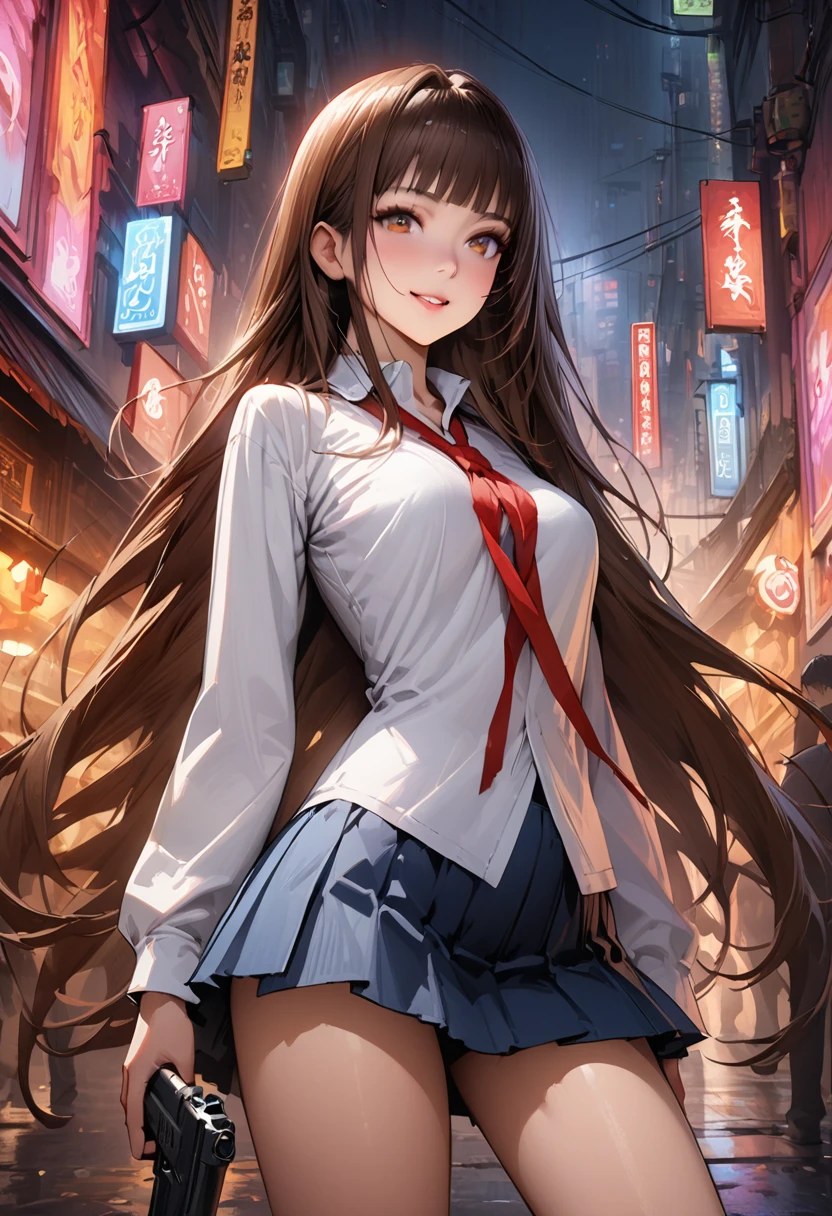 (A detailed depiction of a woman holding a handgun)、World of Blade Runner、((masterpiece,Highest quality:1.3,best quality illustration,realistic:1.3)),cowboy shot,独奏,1woman,(18-year-old、Japanese Beauty)、brown hair,long hair,bangs,brown eyes,gorgeous eyes,(very small head:1.3),smile,(very long body:1.2,skinny),medium breasts,(Red ribbon tie、White long sleeve collared shirt、Navy blue pleated mini skirt),gleaming skin,toned body,slender body,standing,on street,neon、