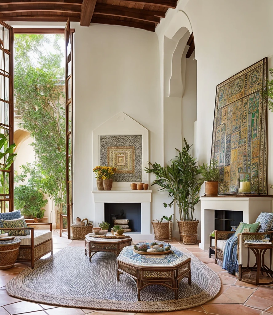 The Mediterranean style living room features a large, white canvas sofa in the center, adorned with blue and terracotta-colored pillows. In front of it stands a mosaic-tiled coffee table with terracotta pots and fresh olive branches. The walls are decorated with hand-painted ceramic plates, and in one corner of the room stands a wrought iron floor lamp. The floor is covered by a handwoven, geometric-patterned rug. In one corner, there is a large, terracotta plant holder with a tall, green plant.