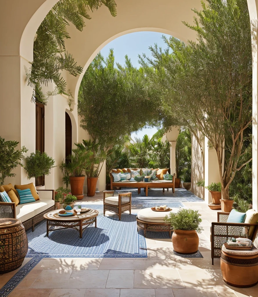 The Mediterranean style living room features a large, white canvas sofa in the center, adorned with blue and terracotta-colored pillows. In front of it stands a mosaic-tiled coffee table with terracotta pots and fresh olive branches. The walls are decorated with hand-painted ceramic plates, and in one corner of the room stands a wrought iron floor lamp. The floor is covered by a handwoven, geometric-patterned rug. In one corner, there is a large, terracotta plant holder with a tall, green plant.