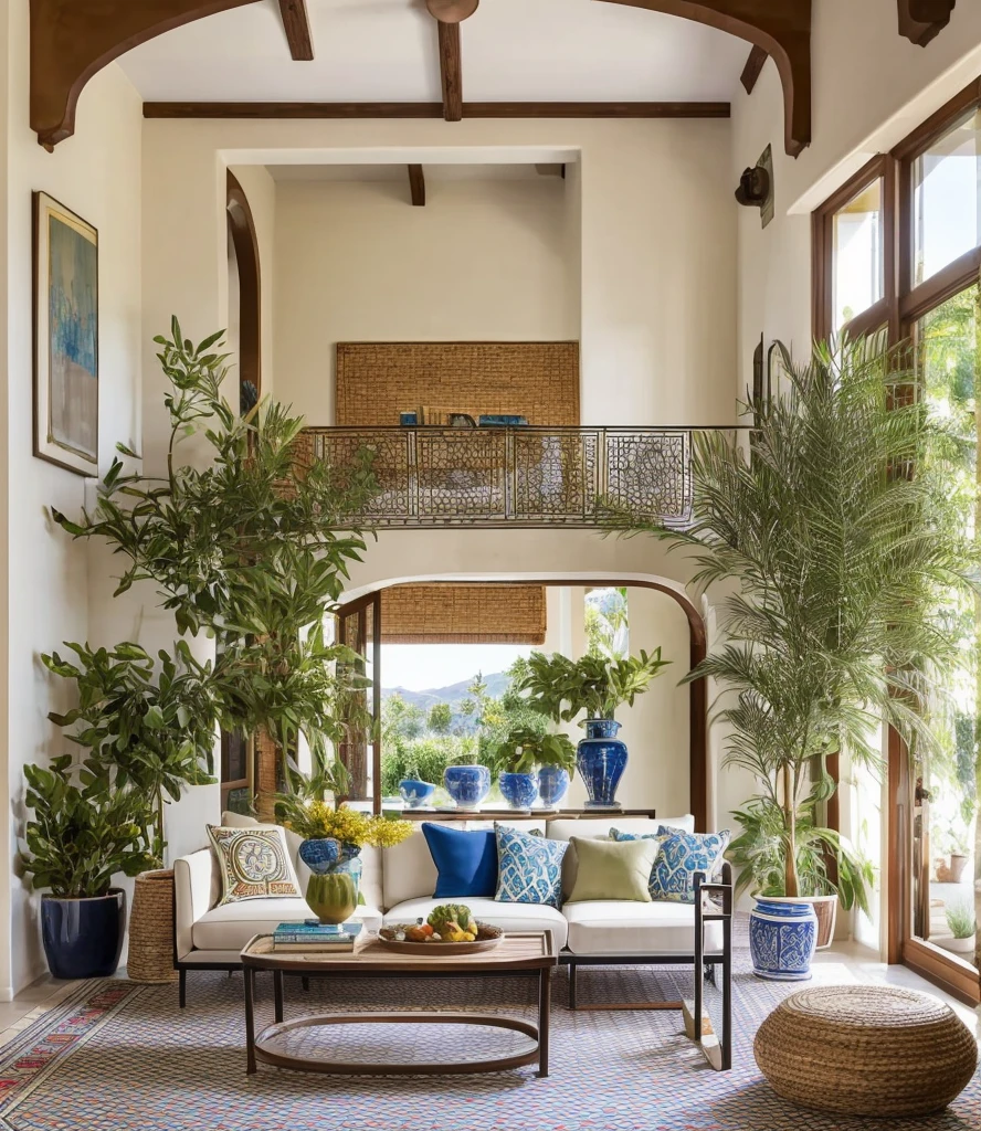 The Mediterranean style living room features a large, white canvas sofa in the center, adorned with blue and terracotta-colored pillows. In front of it stands a mosaic-tiled coffee table with terracotta pots and fresh olive branches. The walls are decorated with hand-painted ceramic plates, and in one corner of the room stands a wrought iron floor lamp. The floor is covered by a handwoven, geometric-patterned rug. In one corner, there is a large, terracotta plant holder with a tall, green plant.