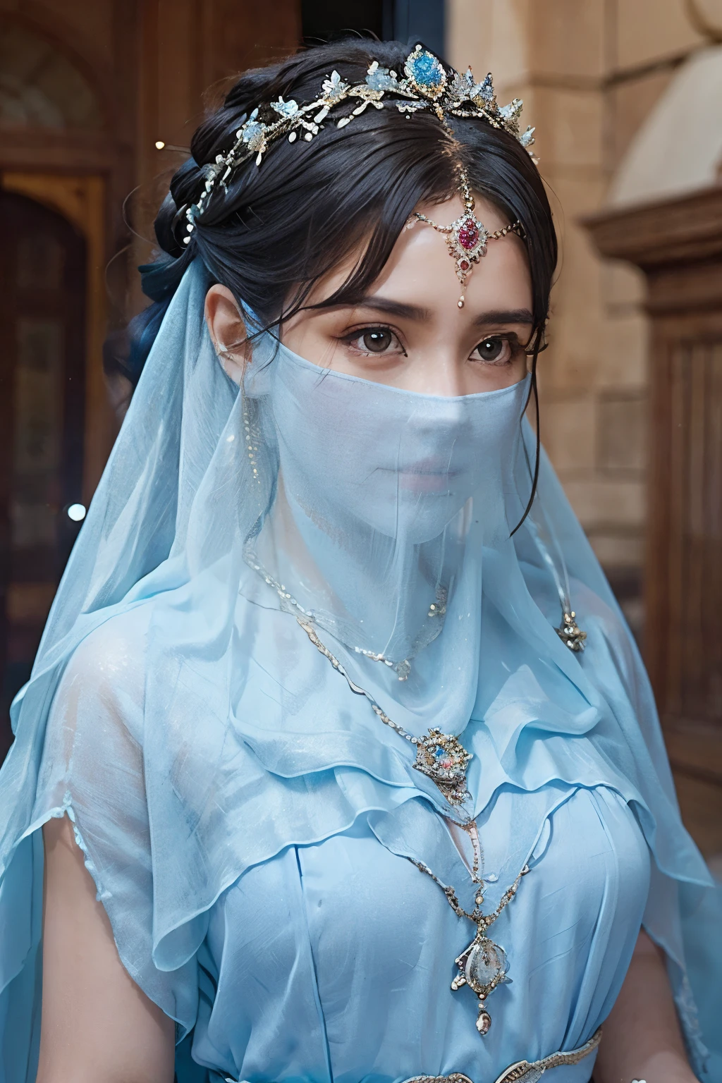 1 Beautiful Woman，Desert Princess，Aladdin，Dark skin（（（The eyes are very delicate）））（（（Hair accessories）））（（（veil：24））））（（（veil））），necklace，Wearing a blue conservative silk dress， ((Royal Palace))（（（masterpiece）））， （（best quality））， （（Intricate details））， （（Surreal））（8K）