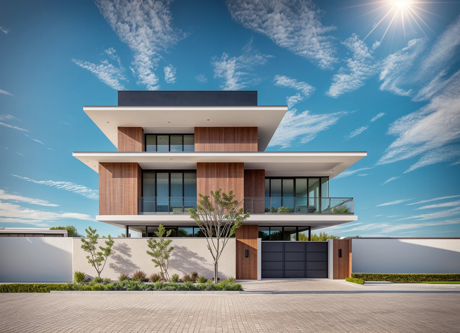 Modern House, blue sky:1.3, Le soleil rit, white wall:1.2, cour grise et humide:1.2, blue sky, sunlight:1.3, flowers:1.4, warm light'interior:1.3