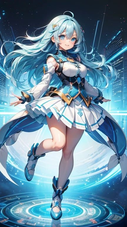 ((Highest quality)),(( masterpiece)), Ultra-high resolution, ((One Girl))，((Anime Girl))，((Girl with light blue hair))，whole body，long hair，Light blue eyes，((Very beautiful eyes))，((Cute smile))，(((Beautiful face)))，(((Beautifully shaped face)))，((Close-up of face)),((A happy smile))，(Futuristic cute clotheini skirt，Futuristic cute shoes，((両手に未来的なgunを持っている))，gun，((Detailed hands)),((Detailed fingers)),((A dynamic pose))Futuristic Background，City，未来City，Light background，
