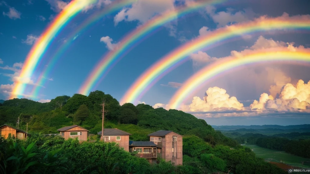 Double rainbow in the sky after the rain Country town scenery、Studio Ghibli、Studio Ghibli風アニメ