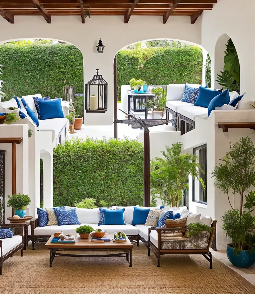 The Mediterranean style living room features a large, white canvas sofa in the center, adorned with blue and terracotta-colored pillows. In front of it stands a mosaic-tiled coffee table with terracotta pots and fresh olive branches. The walls are decorated with hand-painted ceramic plates, and in one corner of the room stands a wrought iron floor lamp. The floor is covered by a handwoven, geometric-patterned rug. In one corner, there is a large, terracotta plant holder with a tall, green plant.