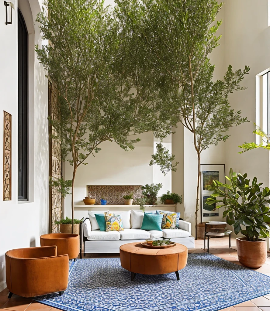 The Mediterranean style living room features a large, white canvas sofa in the center, adorned with blue and terracotta-colored pillows. In front of it stands a mosaic-tiled coffee table with terracotta pots and fresh olive branches. The walls are decorated with hand-painted ceramic plates, and in one corner of the room stands a wrought iron floor lamp. The floor is covered by a handwoven, geometric-patterned rug. In one corner, there is a large, terracotta plant holder with a tall, green plant.