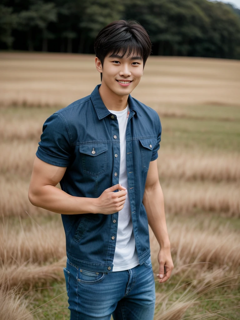 独奏: 1.5, (As a matter of fact, Masterpiece, 8k HD, good light quality, sportswear, fit the face, complicated details), A handsome Korean young man with muscular arms. , 20 years old, be happy, smile brightly, detailed face, delicate eyes, look at the sky, Wear a navy tight T-shirt.:1.6 ,Wear a denim coat., jeans period, black eyes, Black hair color, ผมsmooth, smooth，Surreal，Awesome details，Highest quality，real，Open your mouth to talk. , Close your eyes., (standing in the grass:1.5)