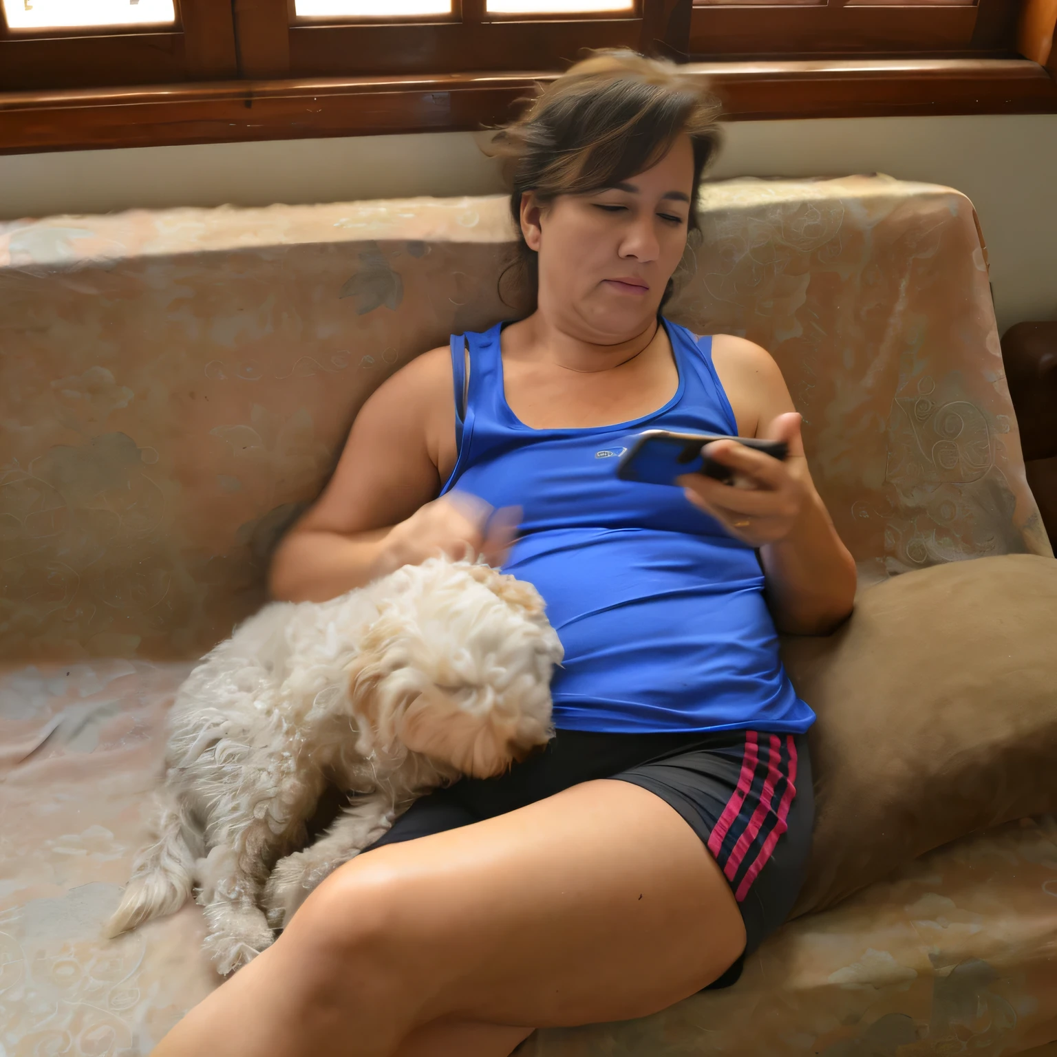 woman sitting on a couch with a dog and cell phone, checking her cell phone, checking her phone, with small cat on lap, playing, lazy, relaxing on the couch, at home, poor, with dogs, heartbreaking, by Nándor Katona, relaxing on a couch, by Felipe Seade, relaxing after a hard day, interrupting the big game