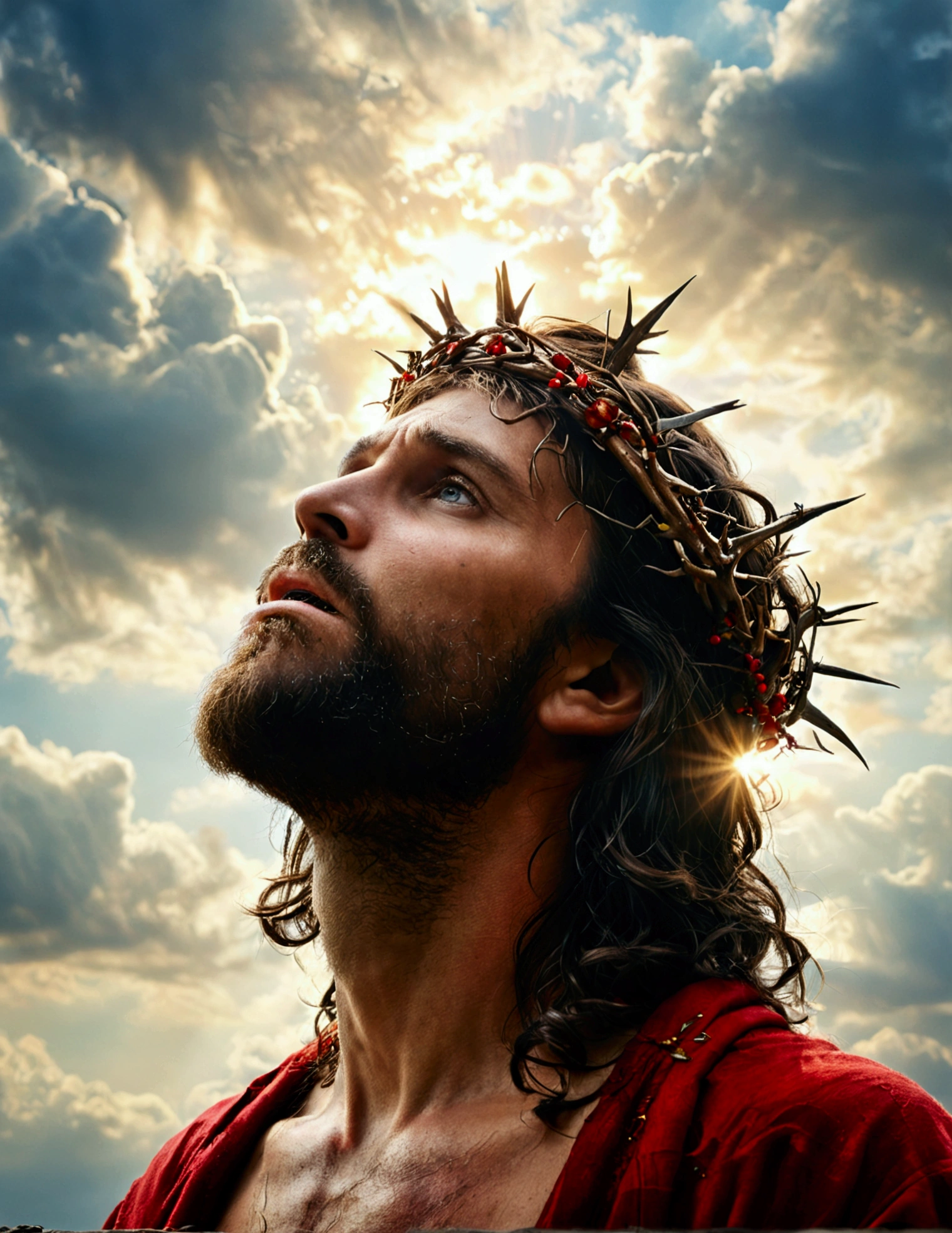 A photorealistic photo capturing Jesus on the cross, with a panoramic view looking directly at Him. ((crown of thorns on the head)). The focus of the image is on the face of Jesus as He looks up to the sky, Gasping for air in the midst of His crucifixion. The scene takes place outdoors, with a clear sky in the background. Lighting should be dramatic, emphasizing the emotional intensity of the moment, with rays of sunshine breaking through the clouds to create a sense of divine presence.