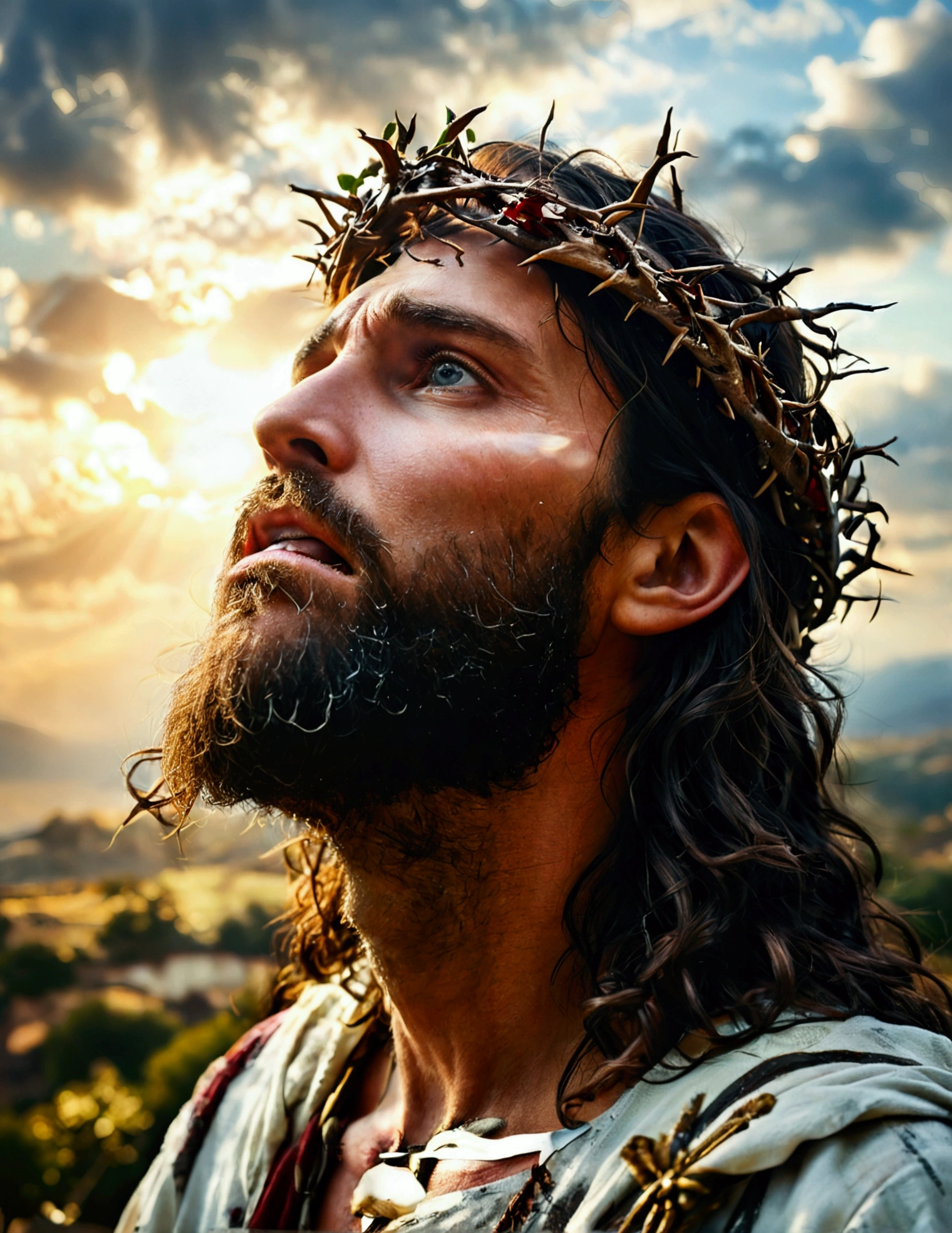 A photorealistic photo capturing Jesus on the cross, with a panoramic view looking directly at Him. ((crown of thorns on the head)). The focus of the image is on the face of Jesus as He looks up to the sky, Gasping for air in the midst of His crucifixion. The scene takes place outdoors, with a clear sky in the background. Lighting should be dramatic, emphasizing the emotional intensity of the moment, with rays of sunshine breaking through the clouds to create a sense of divine presence.