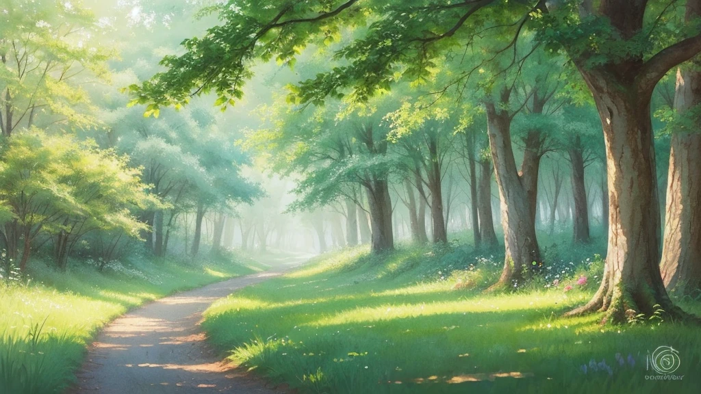 A soft and cute LOFI art cover featuring a lush green forest with a watercolor touch. In the distance, small animals like rabbits and squirrels are napping in the shade of trees. The overall color scheme is pastel and the atmosphere is dreamy and gentle.