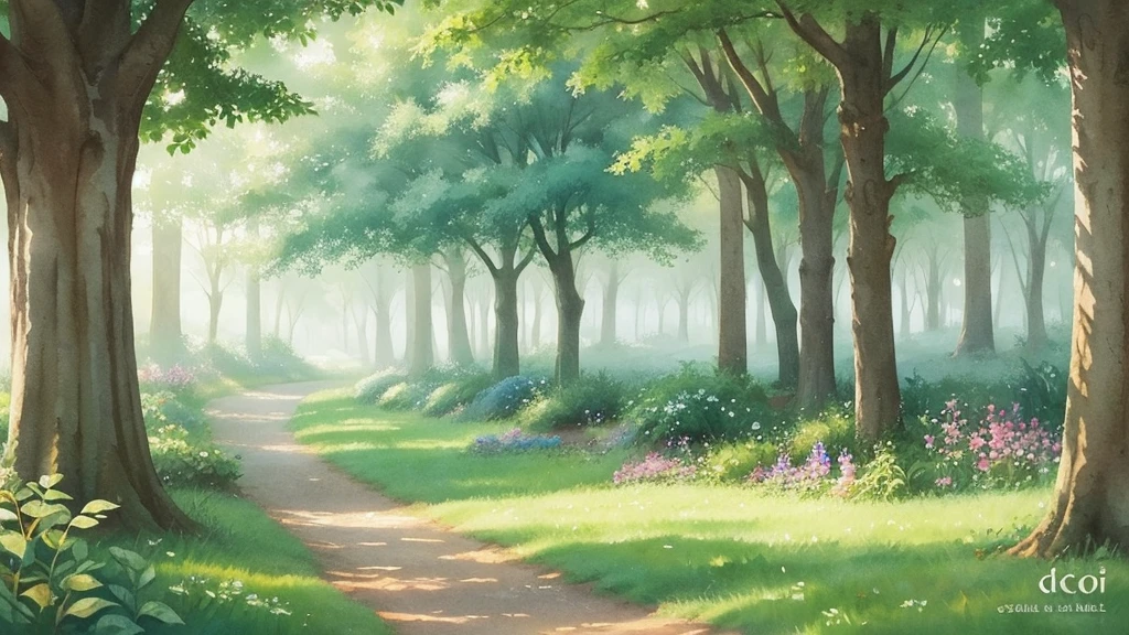 A soft and cute LOFI art cover featuring a lush green forest with a watercolor touch. In the distance, small animals like rabbits and squirrels are napping in the shade of trees. The overall color scheme is pastel and the atmosphere is dreamy and gentle.