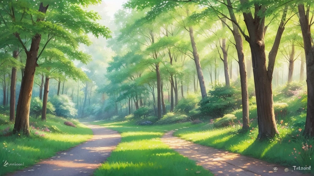 A soft and cute LOFI art cover featuring a lush green forest with a watercolor touch. In the distance, small animals like rabbits and squirrels are napping in the shade of trees. The overall color scheme is pastel and the atmosphere is dreamy and gentle.