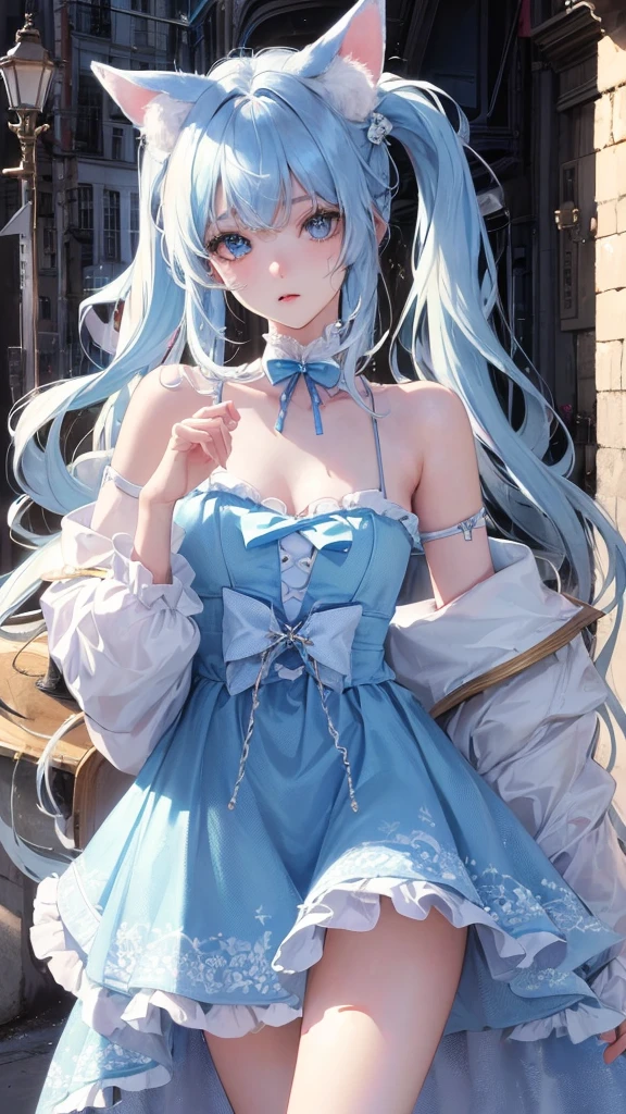 (Top resolution、Distinct_image)top-quality、A girl have white fluffy dog ears、​masterpiece、highly detailed、Semi-realistic、blue eyes  、18year old、young、cool clothing、Exquisite facial features、Facial features ,variations, potrait, a bar background,   , unique hairstyles, students, teenage, cute dresses 