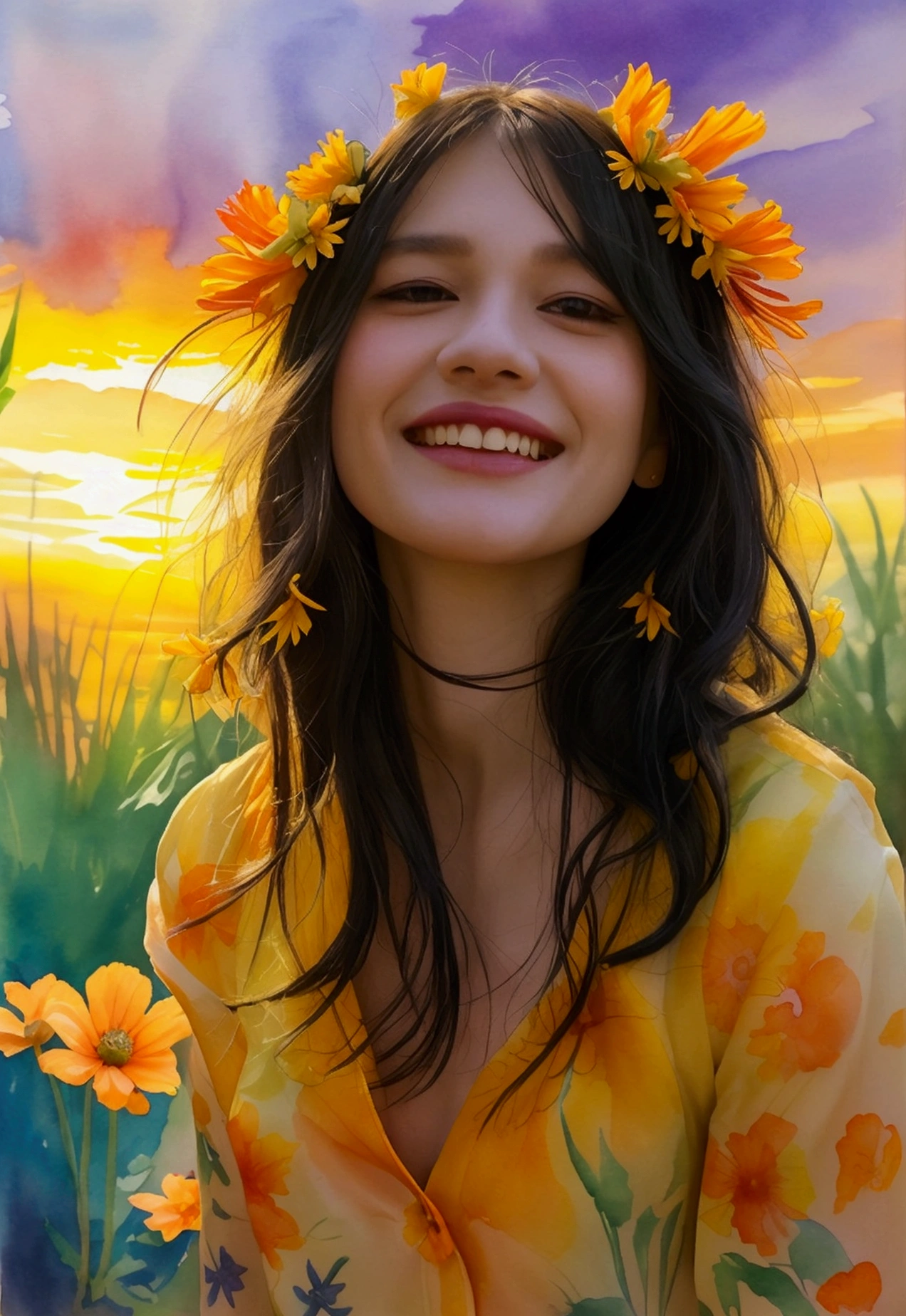 watercolor, flower, Long Hair, smile, shirt, Short sleeve, Black Hair, purple flower, yellow flower,, orange flower, bangs, plant, green , leaf, Mouth closed, Traditional Media，Sunset sky，Sunset