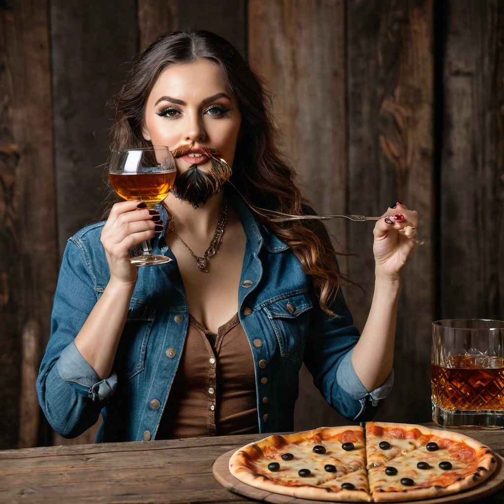 cowboy bearded woman with a glass of whiskey and a pizza