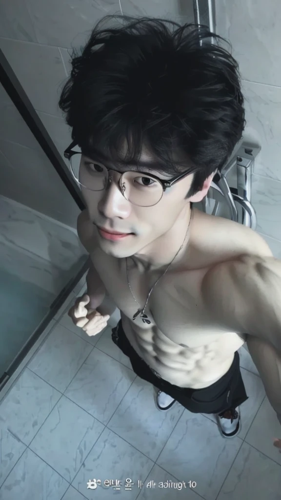 there is a man With glasses standing in a bathroom, south korean man, ulzzang, With glasses, korean muscle boy 2 1 years, 22 years, kim doyoung, leaked image, youngster, Yeonjun, Yeonjun txt, Yeonjun TOMORROW X TOGETHER, smiling