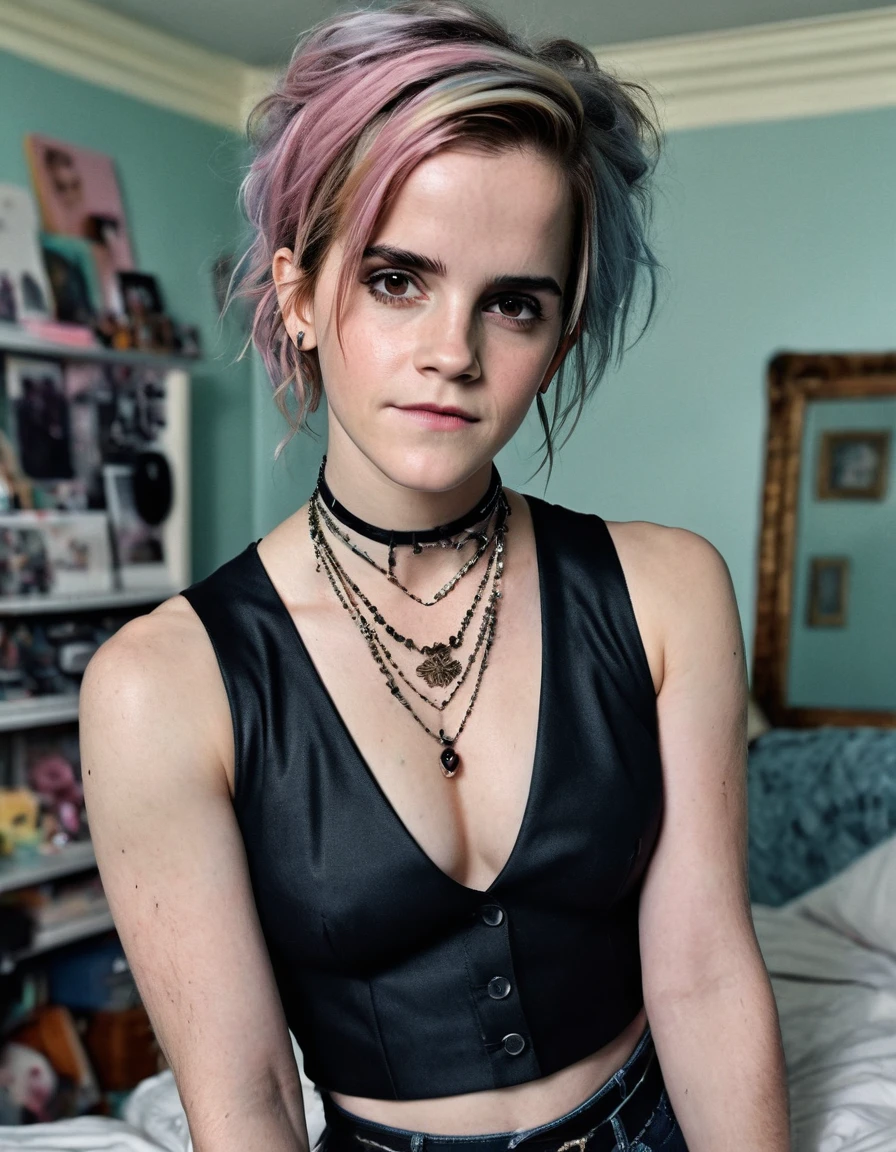 RAW photo, photograph of a (((Emma Watson))) 31years old woman, (detailed facial features), gorgeous face, standing in her messy bedroom, pale skin, wearing eyeliner, grainy, (high detailed skin:1.2), pastel goth, scene hair, teased hair, wearing bracelets, wearing choker necklace, instagram, colorized, ((detailed face)), fullbody