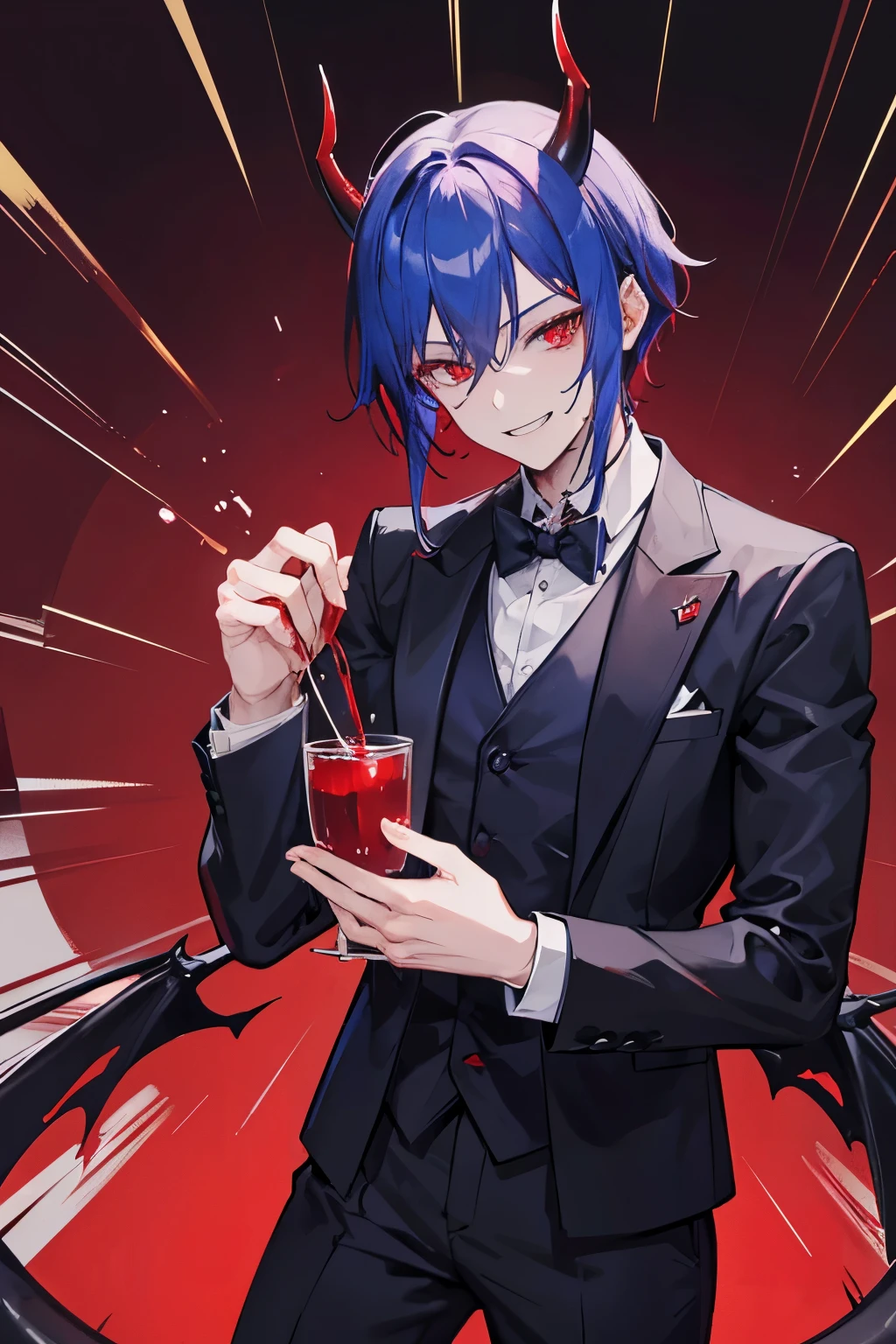 A handsome man, demon, butler, control blood, smiling, red crimson eyes color, dark blue hair color, demon horns, demon tails, demon wing, a lot of blood going around the place, 27-year-old, laughing, bloody rain