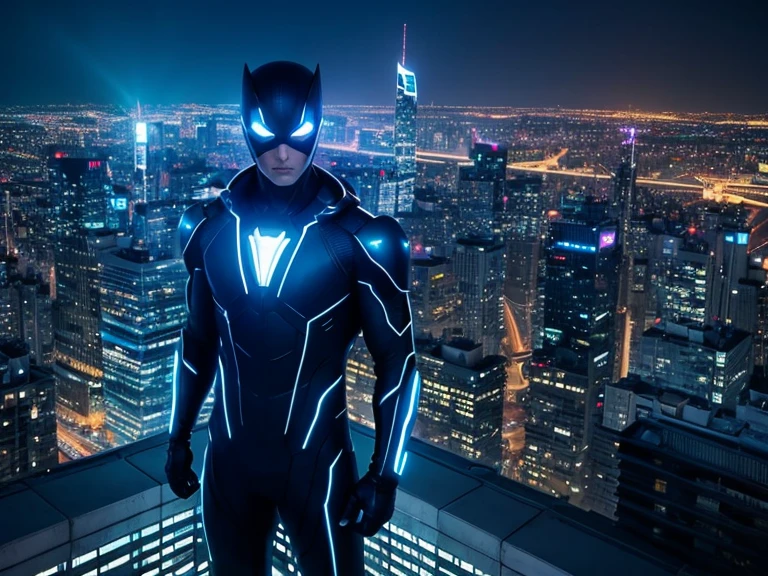 A superhero standing on a rooftop with a neon futuristic cityscape in the background、male、Blue and silver tech suit、Glowing Eyes、Without cloak、A suit that reflects the city lights、Plane in the distance